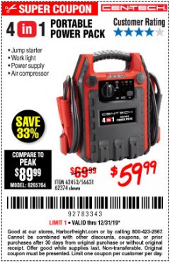 Harbor Freight Coupon 4 IN 1 PORTABLE POWER PACK Lot No. 62453/62374 Expired: 12/31/19 - $59.99