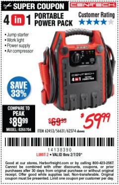 Harbor Freight Coupon 4 IN 1 PORTABLE POWER PACK Lot No. 62453/62374 Expired: 2/7/20 - $59.99
