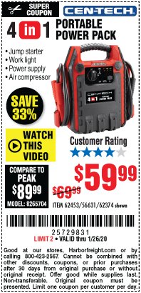 Harbor Freight Coupon 4 IN 1 PORTABLE POWER PACK Lot No. 62453/62374 Expired: 1/26/20 - $59.99