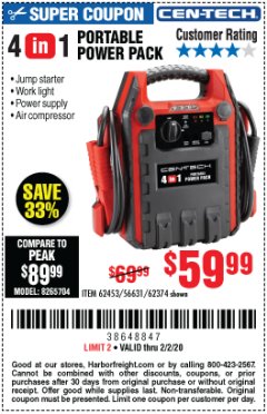 Harbor Freight Coupon 4 IN 1 PORTABLE POWER PACK Lot No. 62453/62374 Expired: 2/2/20 - $59.99