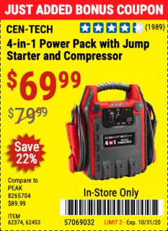 Harbor Freight Coupon 4 IN 1 PORTABLE POWER PACK Lot No. 62453/62374 Expired: 10/31/20 - $69.99