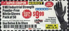 Harbor Freight Coupon 9 MIL POWDER-FREE NITRILE INDUSTRIAL GLOVE PACK OF 50 Lot No. 68510/61742/68511/61744/68512/61743 Expired: 7/31/20 - $9.99