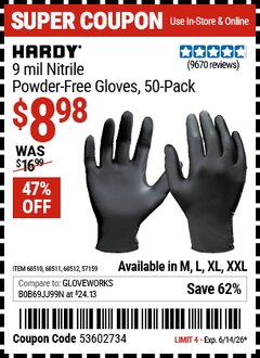 Harbor Freight Coupon HARDY 9 MIL NITRILE POWDER-FREE GLOVES, 50-PACK Lot No. 57159/68510/68511/68512 Expired: 6/14/26 - $8.98