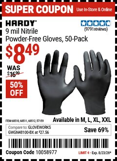 Harbor Freight Coupon HARDY 9 MIL NITRILE POWDER-FREE GLOVES, 50-PACK Lot No. 57159/68510/68511/68512 Expired: 8/23/26 - $8.49