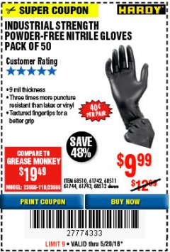 Harbor Freight Coupon 9 MIL POWDER-FREE NITRILE INDUSTRIAL GLOVE PACK OF 50 Lot No. 68510/61742/68511/61744/68512/61743 Expired: 5/20/18 - $9.99