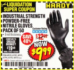 Harbor Freight Coupon 9 MIL POWDER-FREE NITRILE INDUSTRIAL GLOVE PACK OF 50 Lot No. 68510/61742/68511/61744/68512/61743 Expired: 6/30/18 - $9.99