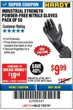 Harbor Freight Coupon 9 MIL POWDER-FREE NITRILE INDUSTRIAL GLOVE PACK OF 50 Lot No. 68510/61742/68511/61744/68512/61743 Expired: 7/22/18 - $9.99
