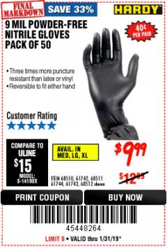 Harbor Freight Coupon 9 MIL POWDER-FREE NITRILE INDUSTRIAL GLOVE PACK OF 50 Lot No. 68510/61742/68511/61744/68512/61743 Expired: 1/31/19 - $9.99