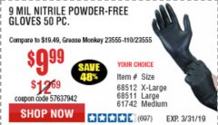 Harbor Freight Coupon 9 MIL POWDER-FREE NITRILE INDUSTRIAL GLOVE PACK OF 50 Lot No. 68510/61742/68511/61744/68512/61743 Expired: 3/31/19 - $9.99