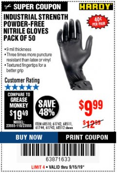 Harbor Freight Coupon 9 MIL POWDER-FREE NITRILE INDUSTRIAL GLOVE PACK OF 50 Lot No. 68510/61742/68511/61744/68512/61743 Expired: 9/15/19 - $9.99