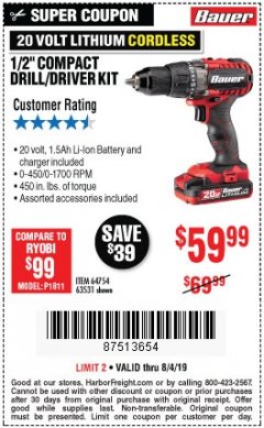 Harbor Freight Coupon BAUER 20V CORDLESS 1/2 IN. DRILL/DRIVER KIT WITH 1.5 AH BATTERY AND CHARGER Lot No. 64754/63531 Expired: 8/4/19 - $59.99