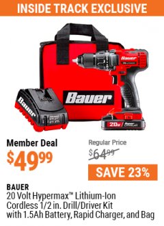 Harbor Freight ITC Coupon BAUER 20V CORDLESS 1/2 IN. DRILL/DRIVER KIT WITH 1.5 AH BATTERY AND CHARGER Lot No. 64754/63531 Expired: 7/29/21 - $49.99