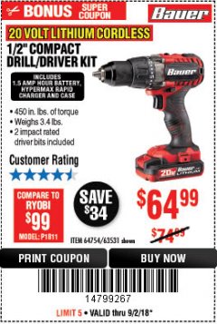 Harbor Freight Coupon BAUER 20V CORDLESS 1/2 IN. DRILL/DRIVER KIT WITH 1.5 AH BATTERY AND CHARGER Lot No. 64754/63531 Expired: 9/2/18 - $64.99