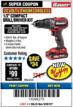Harbor Freight Coupon BAUER 20V CORDLESS 1/2 IN. DRILL/DRIVER KIT WITH 1.5 AH BATTERY AND CHARGER Lot No. 64754/63531 Expired: 9/30/18 - $64.99