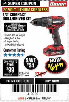Harbor Freight Coupon BAUER 20V CORDLESS 1/2 IN. DRILL/DRIVER KIT WITH 1.5 AH BATTERY AND CHARGER Lot No. 64754/63531 Expired: 10/31/18 - $64.99