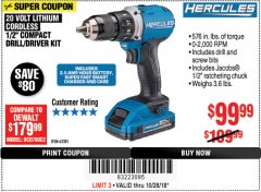 Harbor Freight Coupon BAUER 20V CORDLESS 1/2 IN. DRILL/DRIVER KIT WITH 1.5 AH BATTERY AND CHARGER Lot No. 64754/63531 Expired: 10/28/18 - $99.99