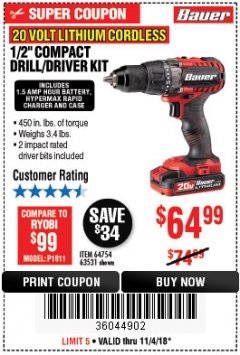 Harbor Freight Coupon BAUER 20V CORDLESS 1/2 IN. DRILL/DRIVER KIT WITH 1.5 AH BATTERY AND CHARGER Lot No. 64754/63531 Expired: 11/4/18 - $64.99