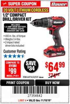 Harbor Freight Coupon BAUER 20V CORDLESS 1/2 IN. DRILL/DRIVER KIT WITH 1.5 AH BATTERY AND CHARGER Lot No. 64754/63531 Expired: 11/18/18 - $64.99