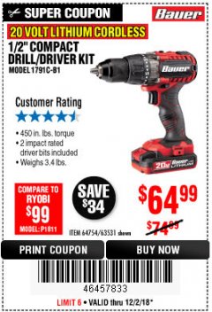 Harbor Freight Coupon BAUER 20 VOLT LITHIUM CORDLESS 1/2" COMPACT DRILL/DRIVER KIT Lot No. 64754/63531 Expired: 12/2/18 - $64.99