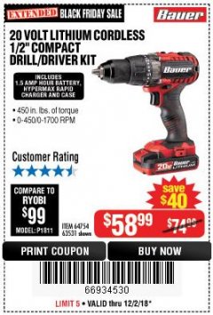 Harbor Freight Coupon BAUER 20 VOLT LITHIUM CORDLESS 1/2" COMPACT DRILL/DRIVER KIT Lot No. 64754/63531 Expired: 12/2/18 - $58.99