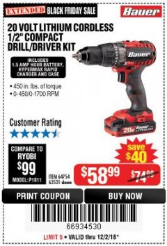Harbor Freight Coupon BAUER 20V CORDLESS 1/2 IN. DRILL/DRIVER KIT WITH 1.5 AH BATTERY AND CHARGER Lot No. 64754/63531 Expired: 12/2/18 - $58.99