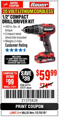 Harbor Freight Coupon BAUER 20V CORDLESS 1/2 IN. DRILL/DRIVER KIT WITH 1.5 AH BATTERY AND CHARGER Lot No. 64754/63531 Expired: 12/16/18 - $59.99