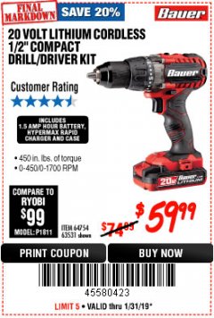 Harbor Freight Coupon BAUER 20V CORDLESS 1/2 IN. DRILL/DRIVER KIT WITH 1.5 AH BATTERY AND CHARGER Lot No. 64754/63531 Expired: 1/31/19 - $59.99
