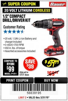 Harbor Freight Coupon BAUER 20V CORDLESS 1/2 IN. DRILL/DRIVER KIT WITH 1.5 AH BATTERY AND CHARGER Lot No. 64754/63531 Expired: 3/31/19 - $59.99