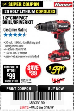 Harbor Freight Coupon BAUER 20V CORDLESS 1/2 IN. DRILL/DRIVER KIT WITH 1.5 AH BATTERY AND CHARGER Lot No. 64754/63531 Expired: 3/31/19 - $59.99