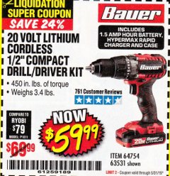 Harbor Freight Coupon BAUER 20V CORDLESS 1/2 IN. DRILL/DRIVER KIT WITH 1.5 AH BATTERY AND CHARGER Lot No. 64754/63531 Expired: 5/31/19 - $59.99