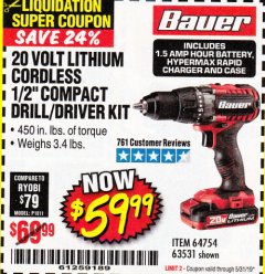 Harbor Freight Coupon BAUER 20 VOLT LITHIUM CORDLESS 1/2" COMPACT DRILL/DRIVER KIT Lot No. 64754/63531 Expired: 5/31/19 - $59.99