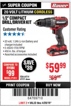 Harbor Freight Coupon BAUER 20V CORDLESS 1/2 IN. DRILL/DRIVER KIT WITH 1.5 AH BATTERY AND CHARGER Lot No. 64754/63531 Expired: 4/28/19 - $59.99