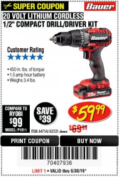 Harbor Freight Coupon BAUER 20V CORDLESS 1/2 IN. DRILL/DRIVER KIT WITH 1.5 AH BATTERY AND CHARGER Lot No. 64754/63531 Expired: 6/30/19 - $59.99