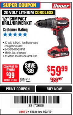 Harbor Freight Coupon BAUER 20V CORDLESS 1/2 IN. DRILL/DRIVER KIT WITH 1.5 AH BATTERY AND CHARGER Lot No. 64754/63531 Expired: 7/22/19 - $59.99