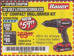 Harbor Freight Coupon BAUER 20V CORDLESS 1/2 IN. DRILL/DRIVER KIT WITH 1.5 AH BATTERY AND CHARGER Lot No. 64754/63531 Expired: 11/14/19 - $59.99