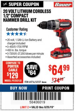 Harbor Freight Coupon BAUER 20V CORDLESS 1/2 IN. DRILL/DRIVER KIT WITH 1.5 AH BATTERY AND CHARGER Lot No. 64754/63531 Expired: 8/25/19 - $64.99