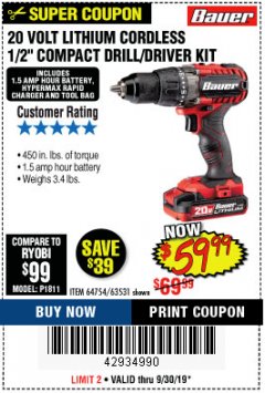 Harbor Freight Coupon BAUER 20 VOLT LITHIUM CORDLESS 1/2" COMPACT DRILL/DRIVER KIT Lot No. 64754/63531 Expired: 9/30/19 - $59.99