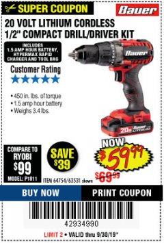 Harbor Freight Coupon BAUER 20V CORDLESS 1/2 IN. DRILL/DRIVER KIT WITH 1.5 AH BATTERY AND CHARGER Lot No. 64754/63531 Expired: 9/30/19 - $59.99