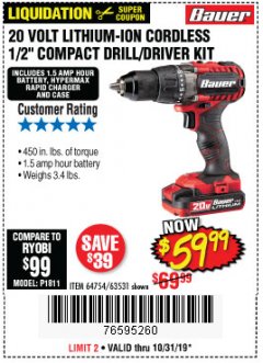 Harbor Freight Coupon BAUER 20V CORDLESS 1/2 IN. DRILL/DRIVER KIT WITH 1.5 AH BATTERY AND CHARGER Lot No. 64754/63531 Expired: 10/31/19 - $59.99