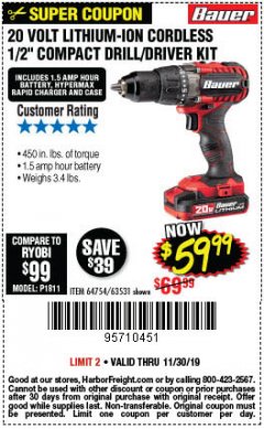 Harbor Freight Coupon BAUER 20V CORDLESS 1/2 IN. DRILL/DRIVER KIT WITH 1.5 AH BATTERY AND CHARGER Lot No. 64754/63531 Expired: 11/30/19 - $59.99