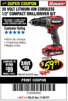 Harbor Freight Coupon BAUER 20V CORDLESS 1/2 IN. DRILL/DRIVER KIT WITH 1.5 AH BATTERY AND CHARGER Lot No. 64754/63531 Expired: 11/30/19 - $59.99