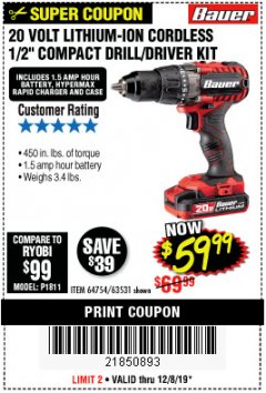 Harbor Freight Coupon BAUER 20V CORDLESS 1/2 IN. DRILL/DRIVER KIT WITH 1.5 AH BATTERY AND CHARGER Lot No. 64754/63531 Expired: 12/8/19 - $59.99