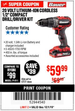 Harbor Freight Coupon BAUER 20V CORDLESS 1/2 IN. DRILL/DRIVER KIT WITH 1.5 AH BATTERY AND CHARGER Lot No. 64754/63531 Expired: 12/1/19 - $59.99
