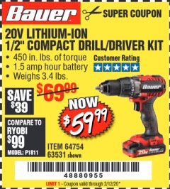 Harbor Freight Coupon BAUER 20V CORDLESS 1/2 IN. DRILL/DRIVER KIT WITH 1.5 AH BATTERY AND CHARGER Lot No. 64754/63531 Expired: 2/12/20 - $59.99