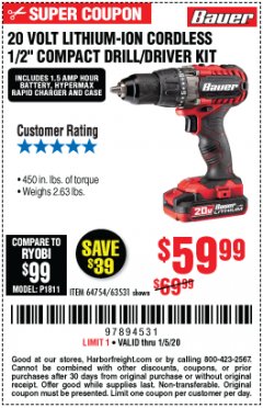 Harbor Freight Coupon BAUER 20V CORDLESS 1/2 IN. DRILL/DRIVER KIT WITH 1.5 AH BATTERY AND CHARGER Lot No. 64754/63531 Expired: 1/5/20 - $59.99