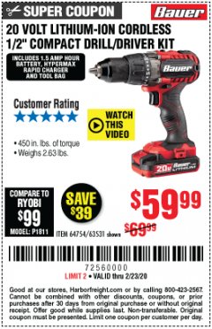 Harbor Freight Coupon BAUER 20V CORDLESS 1/2 IN. DRILL/DRIVER KIT WITH 1.5 AH BATTERY AND CHARGER Lot No. 64754/63531 Expired: 2/23/20 - $59.99