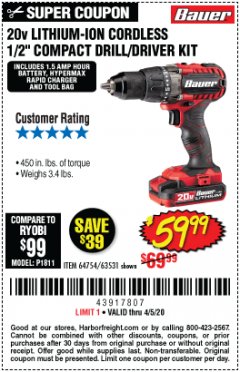 Harbor Freight Coupon BAUER 20V CORDLESS 1/2 IN. DRILL/DRIVER KIT WITH 1.5 AH BATTERY AND CHARGER Lot No. 64754/63531 Expired: 6/30/20 - $59.99