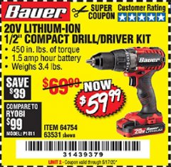 Harbor Freight Coupon BAUER 20V CORDLESS 1/2 IN. DRILL/DRIVER KIT WITH 1.5 AH BATTERY AND CHARGER Lot No. 64754/63531 Expired: 6/30/20 - $59.99