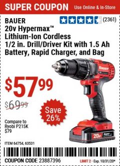 Harbor Freight Coupon BAUER 20V CORDLESS 1/2 IN. DRILL/DRIVER KIT WITH 1.5 AH BATTERY AND CHARGER Lot No. 64754/63531 Expired: 9/28/20 - $57.99