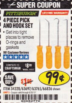 Harbor Freight Coupon 4 PC. PICK AND HOOK SET Lot No. 63697/63765/66836 Expired: 6/30/19 - $0.99